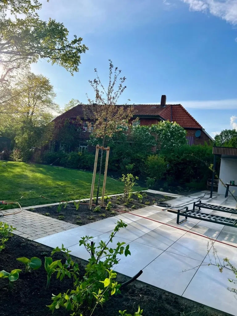 Neue Terrasse mit Plattenbelag und jungem Hausbaum