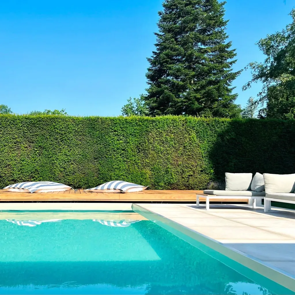 Pool vor hoher Hecke mit Liegepolstern